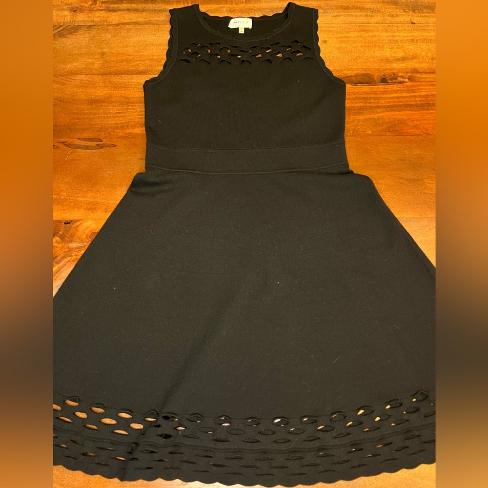 Milly Fit and Flare Black Mini Dress w/ Cut Out Detailing on Chest and Hem Sz M